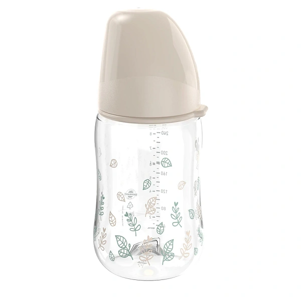 NIP Cherry Green Biberon cu gat larg, bej, plastic, tetina rotunda, anti-colic, latex, universal 0+,