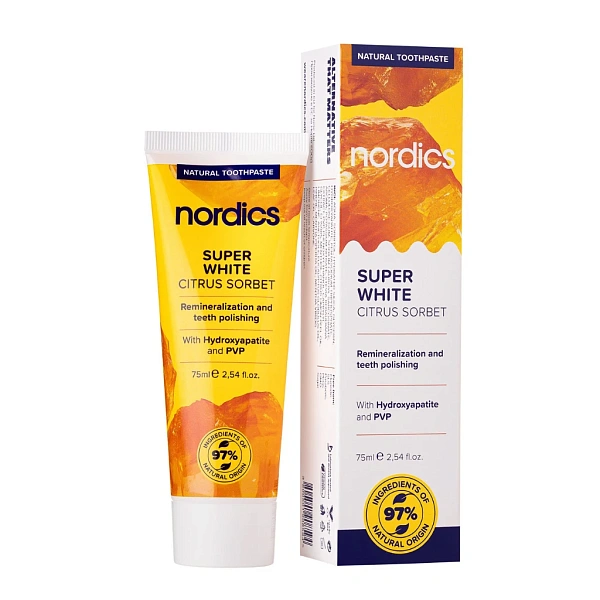 Nordics Natural Pastă de dinți Super white Citrus Sorbet ”smalț lichid” 75ml