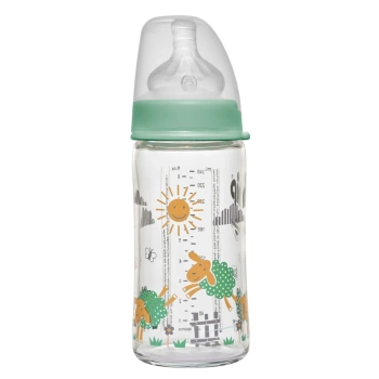 NIP Biberon din sticla cu gât larg, verde, tetina rotunda, silicon, anti-colic, universal 0+, flux M