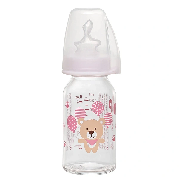 NIP Biberon din sticla, roz, tetina anatomică, anti-colici, silicon, flux S, mărime 1 (0-6luni) 125  NIP Biberon din sticla, roz, tetina anatomică, anti-colici, silicon, flux S, mărime 1 (0-6luni) 125