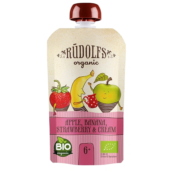 Rudolfs Organic Pouch Mere, banane, capsuni și frisca 110g (6+)
