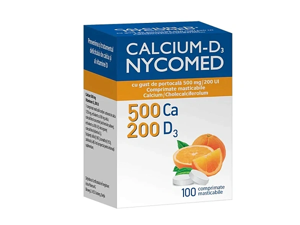 Calciu D3 500mg/200UI comp.mast. cu gust de portocala N100 (Nycomed)