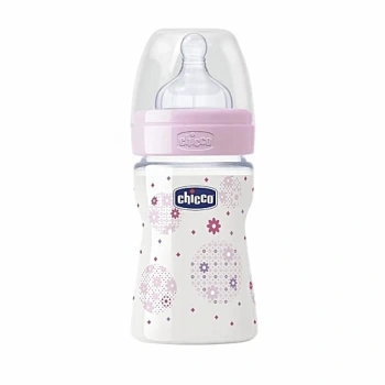 Chicco Biberon plastic Well Being, tetină silicon, flux normal, roz, 0%BPA, 0+, 150ml (7074001/20611