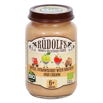 Rudolfs Organic Piure Mere, căpșuni cu biscuiți și frișcă 190g (6+)