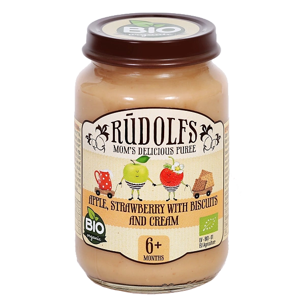 Rudolfs Organic Piure Mere, căpșuni cu biscuiți și frișcă 190g (6+)