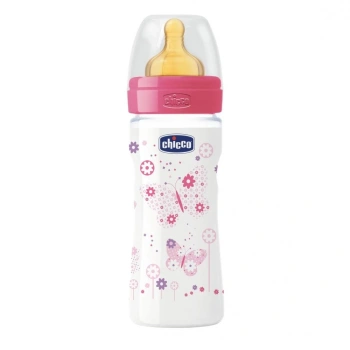Chicco Biberon plastic Well Being,tetină latex,flux mediu,0% BPA,2+, 250ml,(206223)