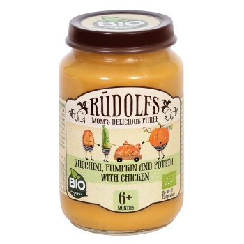 Rudolfs Organic Piure Zucchini, dovleac și cartof cu carne de pui 190g (6+)