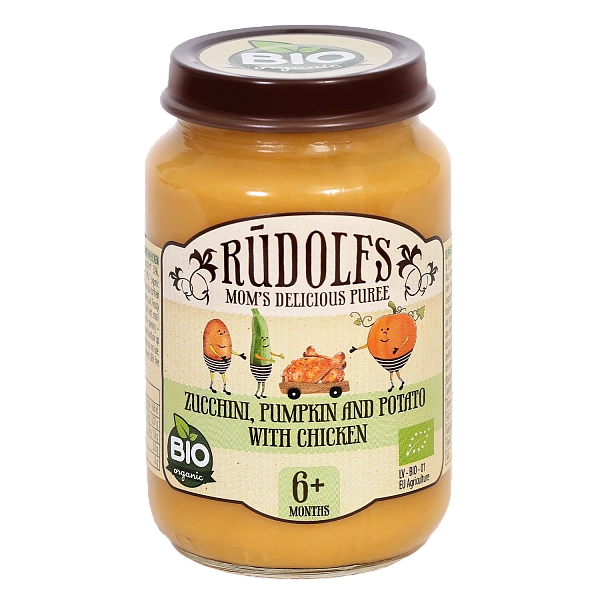 Rudolfs Organic Piure Zucchini, dovleac și cartof cu carne de pui 190g (6+) Rudolfs Organic Piure Zucchini, dovleac și cartof cu carne de pui 190g (6+)