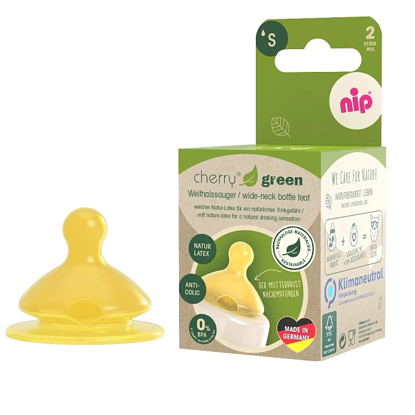 NIP Cherry Green Tetina cu gat larg, latex, anti-colic, universal 0+, flux S N2 NIP Cherry Green Tetina cu gat larg, latex, anti-colic, universal 0+, flux S N2