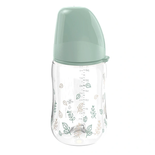 NIP Cherry Green Biberon cu gat larg, verde, plastic, tetina rotunda, anti-colic, latex, universal 0