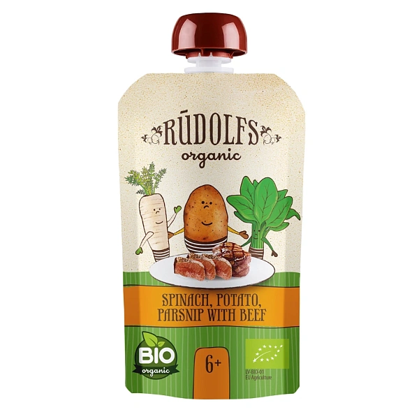 Rudolfs Organic Pouch Spanac, cartof, păstârnac cu carne de vită 110g (6+)