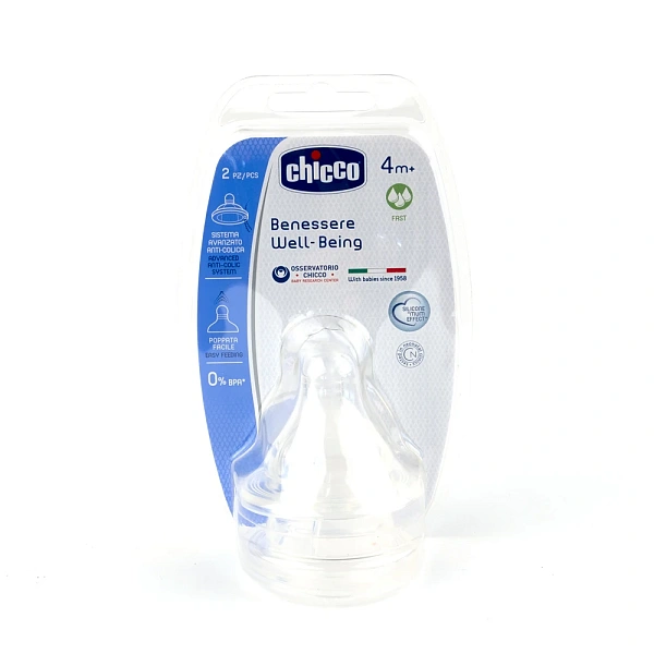 Chicco Tetină Physiologic anticolici, silicon, flux rapid, 4+, 2buc (208452)