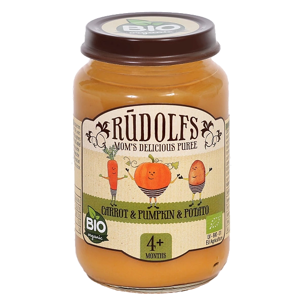 Rudolfs Organic Piure Morcovi, dovleac, cartofi 190g (4+) Rudolfs Organic Piure Morcovi, dovleac, cartofi 190g (4+)