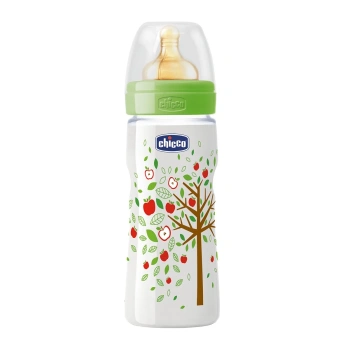 Chicco Biberon plastic Well Being, tetină latex, flux terci, 0%BPA, 4+, 330ml (707700/206343)