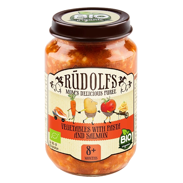 Rudolfs Organic Piure Legume cu paste și somon 190g (8+)