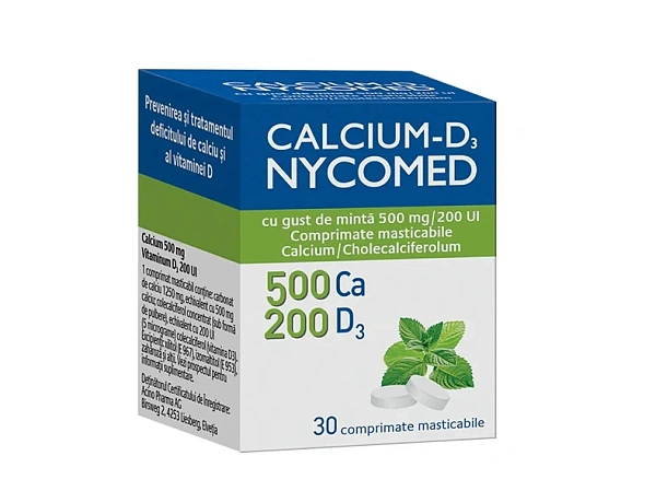 Calciu D3 500mg/200UI comp.mast. cu gust de minta N30 (Nycomed)