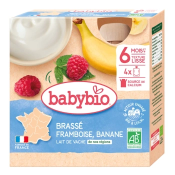 Babybio Pouch Iaurt din lapte de vacă, zmeură și banane (6+) 4x85g