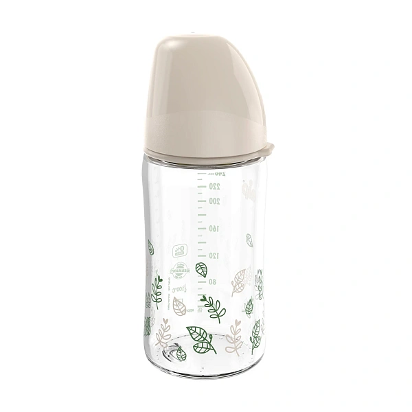 NIP Cherry Green Biberon cu gat larg, bej, sticla, tetina rotunda, latex, anti-colic, universal, 0+,