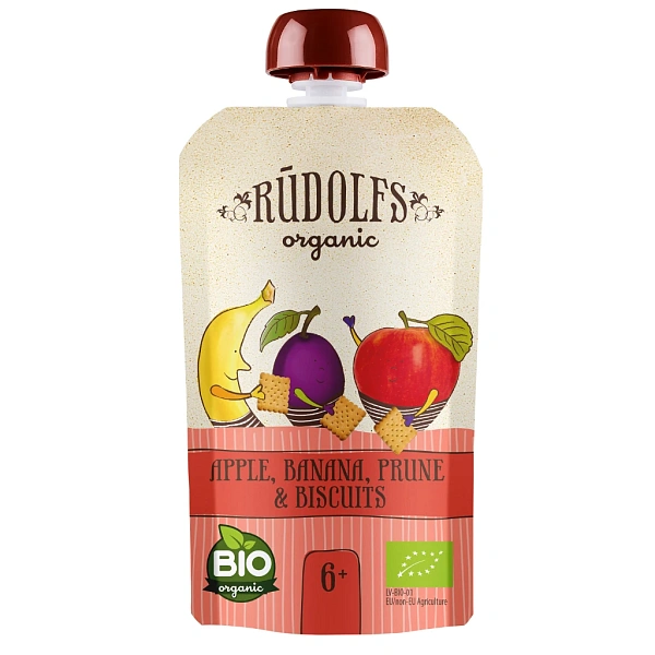 Rudolfs Organic Pouch Mere, banane, prune cu biscuiti 110g (6+)