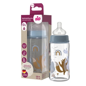 NIP Biberon din sticla cu gât larg, flux S, albastru, tetină rotundă, silicon, anti-colic, universal