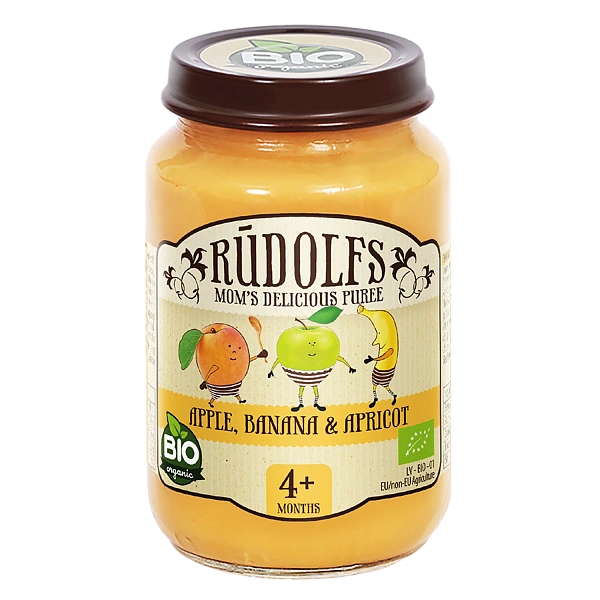 Rudolfs Organic Piure Mere, banane, caise 190g (4+) Rudolfs Organic Piure Mere, banane, caise 190g (4+)