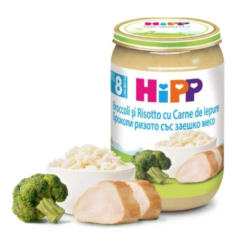 Hipp 6433 Pireu brocoli,orez și iepure 220g