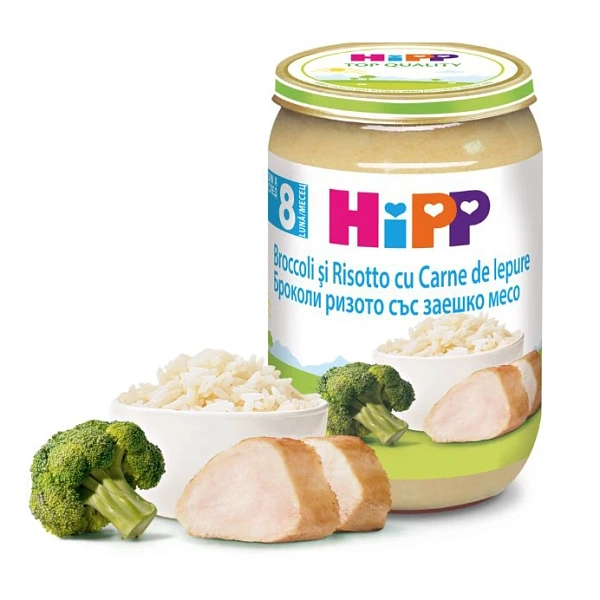Hipp 6433 Pireu brocoli,orez și iepure 220g