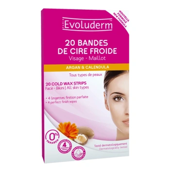 Evoluderm Benzi depilatoare cu argan și gălbenele pentru față și bikini, 20 buc (9130)