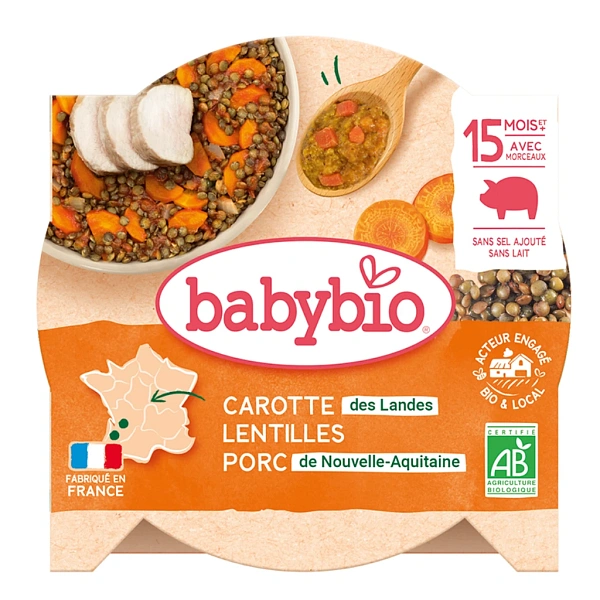 Babybio Piure din morcovi, carne de porc, linte și chimen (15+) 260g