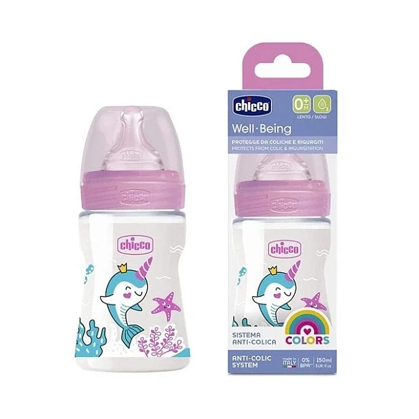 Chicco Biberon plastic Well Being, tetina silicon, flux normal, fetite, 0%BPA, 0+, 150ml (286111)