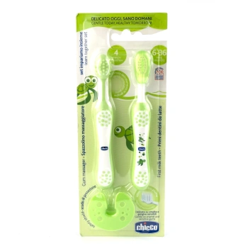 Chicco Set Periuță de dinți masajor + periuță de dinți, verde, 4+, 2buc (69610)