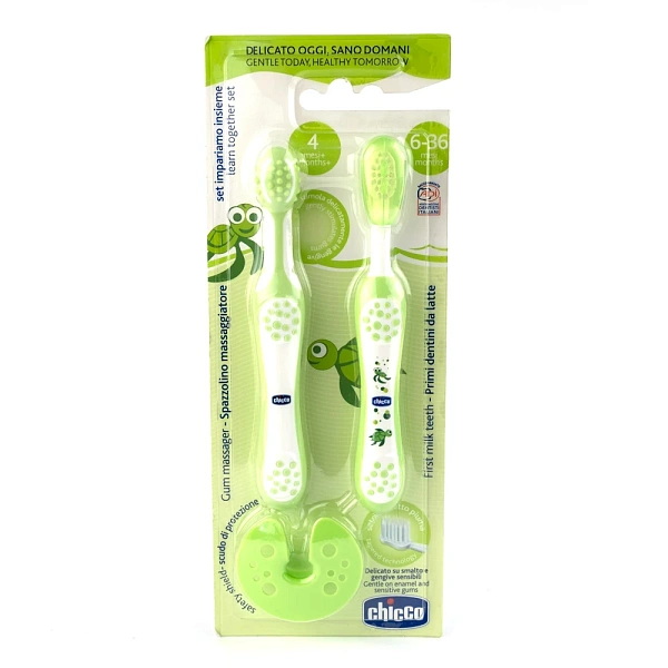 Chicco Set Periuță de dinți masajor + periuță de dinți, verde, 4+, 2buc (69610)