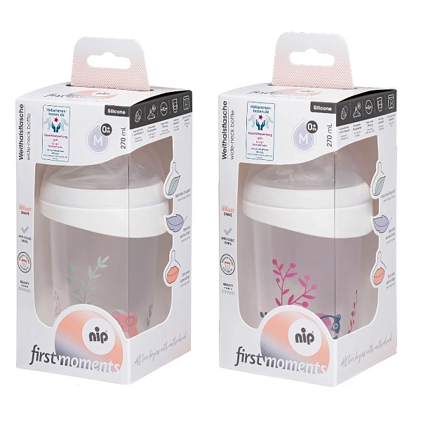 NIP First moments Biberon gat larg, plastic,tetina rotunda, anti-colic,silicon, 0+, M, 270ml