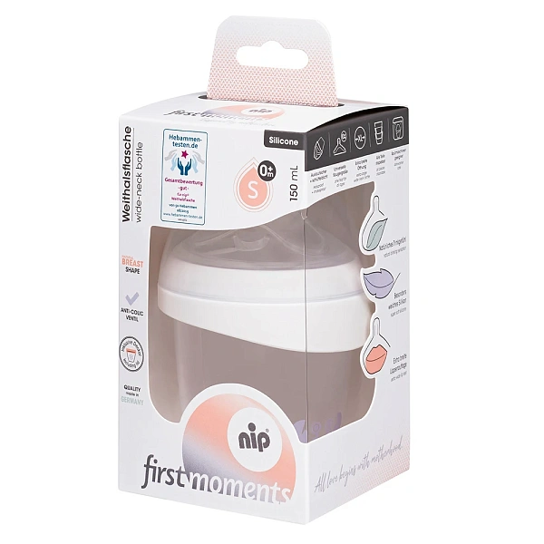 NIP First moments Biberon cu gat larg, universal, plastic, tetina rotunda, anti-colic, silicon, 0+,  NIP First moments Biberon cu gat larg, universal, plastic, tetina rotunda, anti-colic, silicon, 0+,