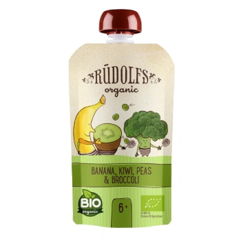 Rudolfs Organic Pouch Banane, kiwi, mazăre și broccoli 110g (6+)
