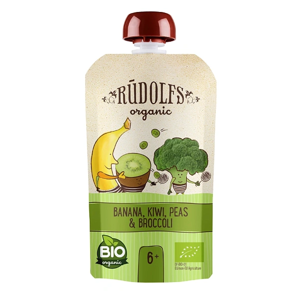 Rudolfs Organic Pouch Banane, kiwi, mazăre și broccoli 110g (6+) Rudolfs Organic Pouch Banane, kiwi, mazăre și broccoli 110g (6+)