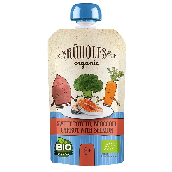 Rudolfs Organic Pouch Cartof dulce, broccoli, morcovi cu somon 110g (6+)