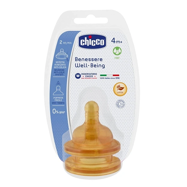 Chicco Tetină Physiologic anticolici, latex, flux rapid, 4+, 2buc (816220/208442)