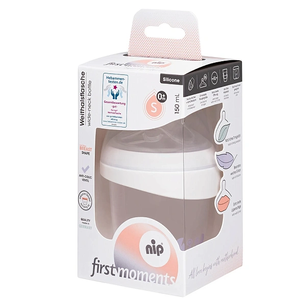 NIP First moments Biberon cu gat larg, universal, plastic, tetina rotunda, anti-colic, silicon, 0+, 
