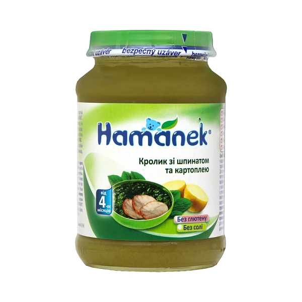 Hamanek Piure iepuraș, spanac, cartofi 190g Hamanek Piure iepuraș, spanac, cartofi 190g
