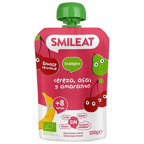 Smileat Pouch organic de cirese, salcim și amarant 8luni +, 100gr Smileat Pouch organic de cirese, salcim și amarant 8luni +, 100gr
