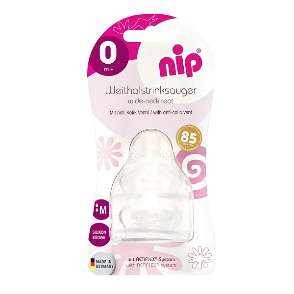 NIP Tetina rotunda cu gât larg silicon, anti-colic, universal, flux M, 0+, N2 NIP Tetina rotunda cu gât larg silicon, anti-colic, universal, flux M, 0+, N2