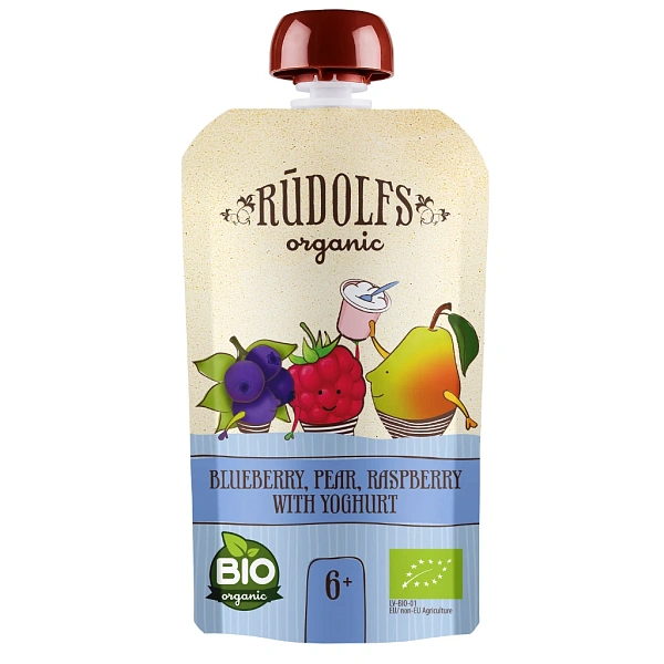Rudolfs Organic Pouch Afine, pere, zmeură cu iaurt 110g (6+) Rudolfs Organic Pouch Afine, pere, zmeură cu iaurt 110g (6+)