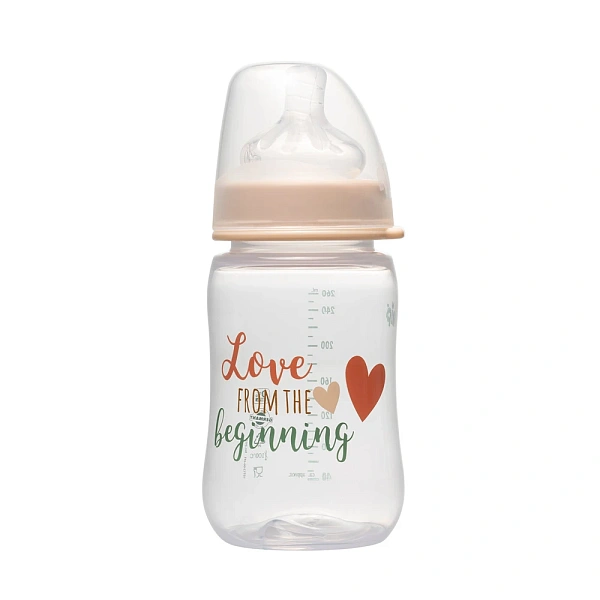 NIP Biberon plastic cu gât larg, bej, tetina rotunda, anti-colic, silicon, universal 0+, flux M, 260