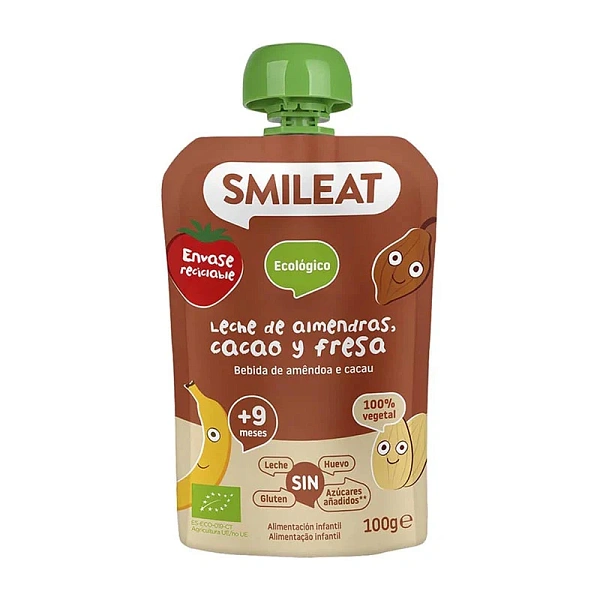 Smileat Pouch organic din lapte de migdale,cacao și căpșuni, +9luni, 100gr. Smileat Pouch organic din lapte de migdale,cacao și căpșuni, +9luni, 100gr.